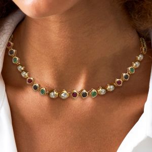 Golden Bezel Round Cut Multi-Colored Sapphire Tennis Necklace For Women
