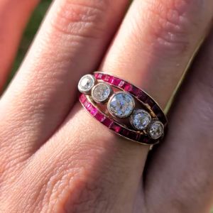 Two Tone Round & Baguette Cut White & Ruby Sapphire Engagement Ring For Women