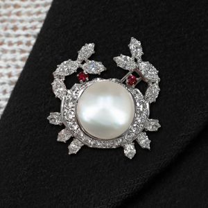 Vintage Crab Shape Round & Marquise Cut White & Ruby Sapphire & Pearl Brooch Pin For Women