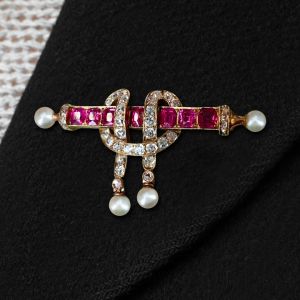 Knot Design Round & Emerald Cut Ruby & White Sapphire & Pearl Antique Brooch Pin For Women