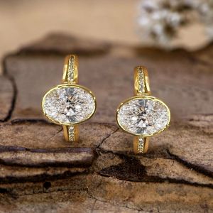 Classic Golden Bezel Oval Cut White Sapphire Hoop Earrings For Women