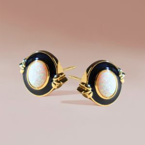 Vintage Golden Oval Cut White Opal Stud Earrings For Women