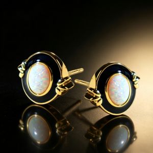 Vintage Golden Oval Cut White Opal Stud Earrings For Women