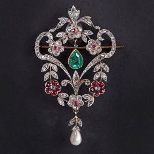 Two Tone Floral Pear & Round Cut Emerald & Ruby & White Sapphire & Pearl Brooch Pin