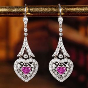 Hollow Heart Cut Pink & White Sapphire Art Deco Drop Earrings For Women