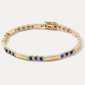 Bezel Golden Round Cut Blue Sapphire Tennis Bracelet For Women