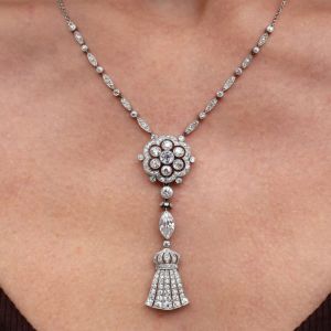 Fringe Tassel Marquise & Round Cut White Sapphire Art Deco Pendant Necklace For Women