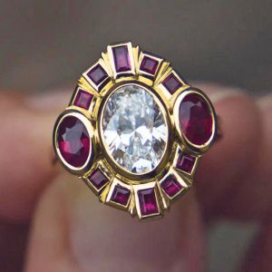 Golden Bezel Oval & Baguette Cut White & Ruby Sapphire Vintage Engagement Ring For Women