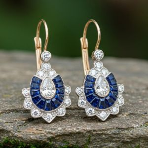 Two Tone Milgrain Pear & Baguette Cut White & Blue Sapphire Vintage Drop Earrings For Women