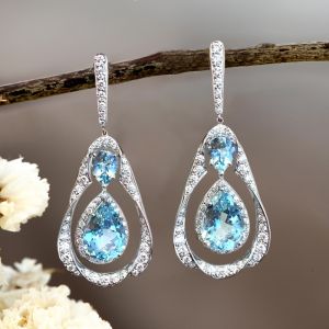Halo Teardrop Pear Cut Aquamarine & White Sapphire Drop Earrings For Women