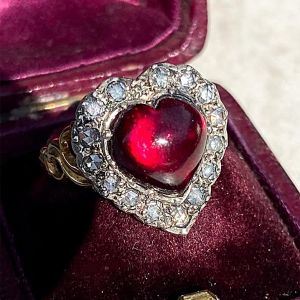 Two Tone Halo Heart Cabochon & Round Cut Ruby & White Sapphire Engagement Ring