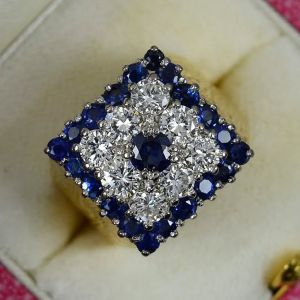 Two Tone Cluster Round Cut Blue & White Sapphire Vintage Engagement Ring