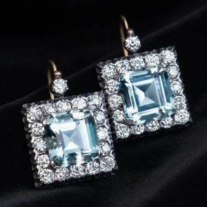 Two Tone Halo Asscher & Round Cut Aquamarine & White Sapphire Vintage Drop Earrings For Women 