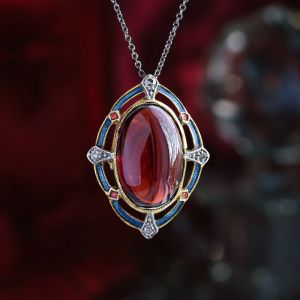 Two Tone Halo Oval Cabochon Cut Red Sapphire Art Deco Pendant Necklace For Women
