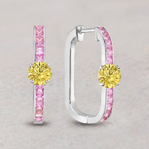Classic Round & Princess Cut Pink & Yellow Sapphire Hoop Earrings For Women