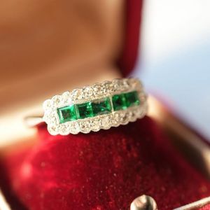 Two Tone Emerald & Round Cut Emerald & White Sapphire Art Deco Wedding Band For Women