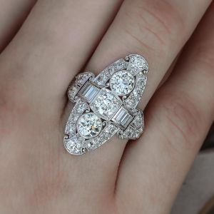 Bezel Round & Baguette Cut White Sapphire Art Deco Engagement Ring 