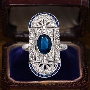 Bezel Milgrain Oval Cut Blue & White Sapphire Art Deco Engagement Ring
