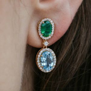 Golden Halo Oval Cut Aquamarine & Emerald Sapphire Drop Earrings For Women