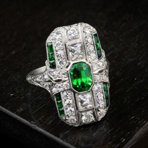 Bezel Emerald Cut Emerald & White Sapphire Art Deco Cocktail Engagement Ring For Women