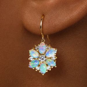 Golden Oval & Round Cut White Sapphire & Opal Drop Earrings For Women
