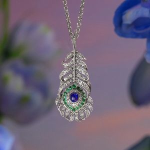 Two Tone Feather Design Emerald & Blue & White Sapphire Oval Cut Vintage Pendant Necklace