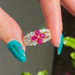 Golden Pear & Round Cut Ruby & White Sapphire Cocktail Engagement Ring 