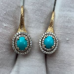 Two Tone Double Halo Oval Cut Turquoises & White Sapphire Drop Earrings