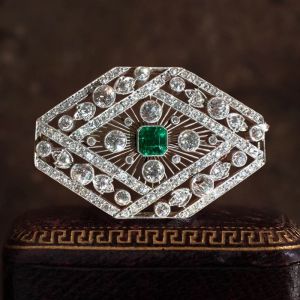 Halo Asscher & Round Cut Emerald & White Sapphire Art Deco Brooch Pin