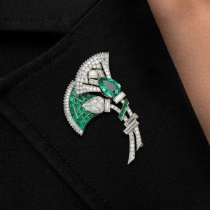 Leaf Design Pear & Baguette Cut Emerald & White Sapphire Brooch Pin