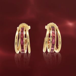Golden Triple Row Baguette Cut Ruby Sapphire Hoop Earrings For Women