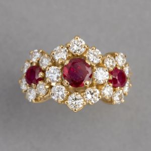 Golden Halo Round Cut Ruby & White Sapphire Engagement Ring For Women