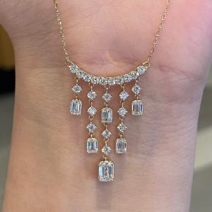 Golden Tassel Emerald & Round Cut White Sapphire Pendant Necklace