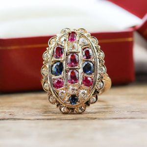 Golden Oval & Round Cut Ruby & Blue & White Sapphire Vintage Cocktail Engagement Ring 
