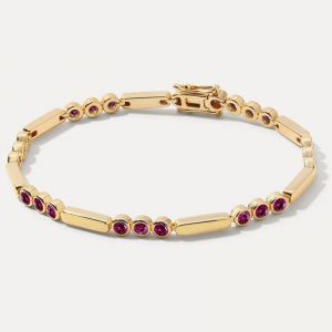 Bezel Golden Round Cut Ruby Sapphire Tennis Bracelet For Women