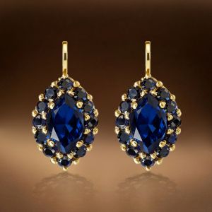 Golden Halo Marquise Cut Blue Sapphire Drop Earrings For Women