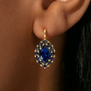 Golden Halo Marquise Cut Blue Sapphire Drop Earrings For Women