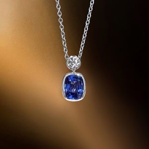 Bezel Cushion & Round Cut Blue & White Sapphire Pendant Necklace For Women