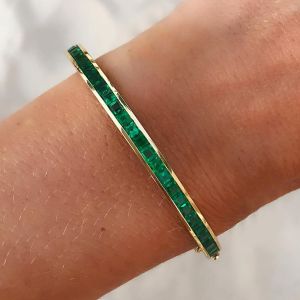 Golden Channel Setting Asscher Cut Emerald Sapphire Bangle Bracelet 