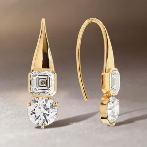 Golden Two Stone Asscher & Round Cut White Sapphire Drop Earrings For Women