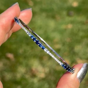 Round Cut Blue & White Sapphire Bangle Bracelet For Women