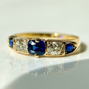 Golden Cushion & Oval Cut Blue & White Sapphire Vintage Engagement Ring