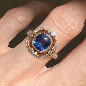 Golden Halo Cushion & Round Cut Blue & White Sapphire Vintage Engagement Ring