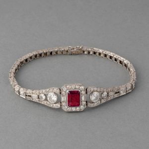 Halo Emerald Cut Ruby & White Sapphire Art Deco Tennis Bracelet For Women
