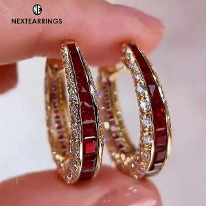 Golden Round & Emerald Cut Ruby & White Sapphire Hoop Earrings For Women