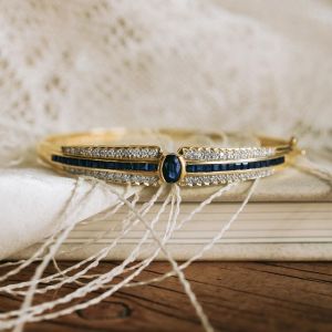 Golden Oval & Asscher & Round Cut Blue & White Sapphire Bangle Bracelet