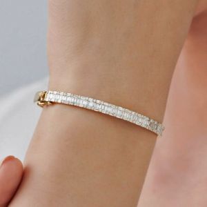 Golden Triple Row Baguette & Round Cut White Sapphire Bangle Bracelet