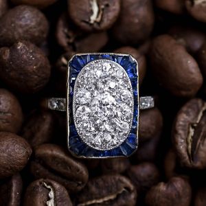 Pave Setting Round & Baguette Cut White & Blue Sapphire Art Deco Engagement Ring