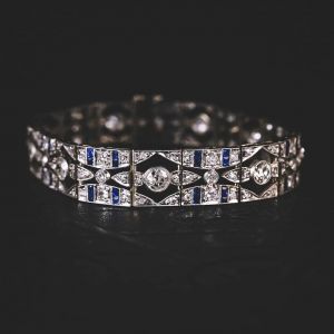 Milgrain Round Cut White & Blue Sapphire Art Deco Tennis Bracelet