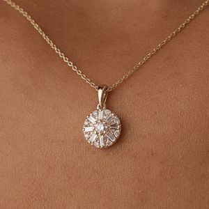 Golden Halo Round & Baguette Cut White Sapphire Pendant Necklace